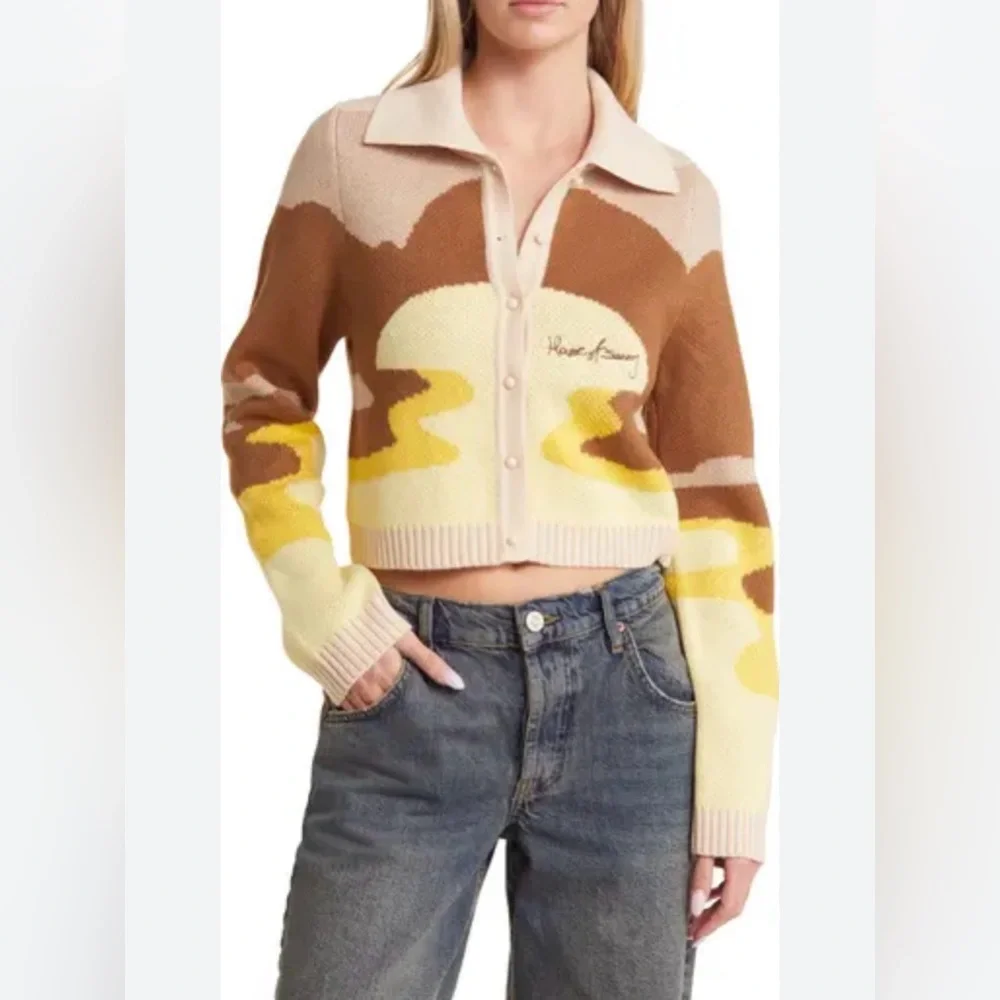 House Of Sunny The Dunes Tripper Jacquard Crop Cardigan, Sz 2 NWT - Picture 2 of 6